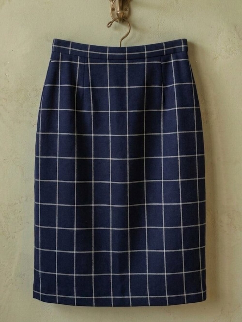 Planet Vintage Windowpane Pencil Skirt Navy Gray‎ Wool Blend Made in England 10